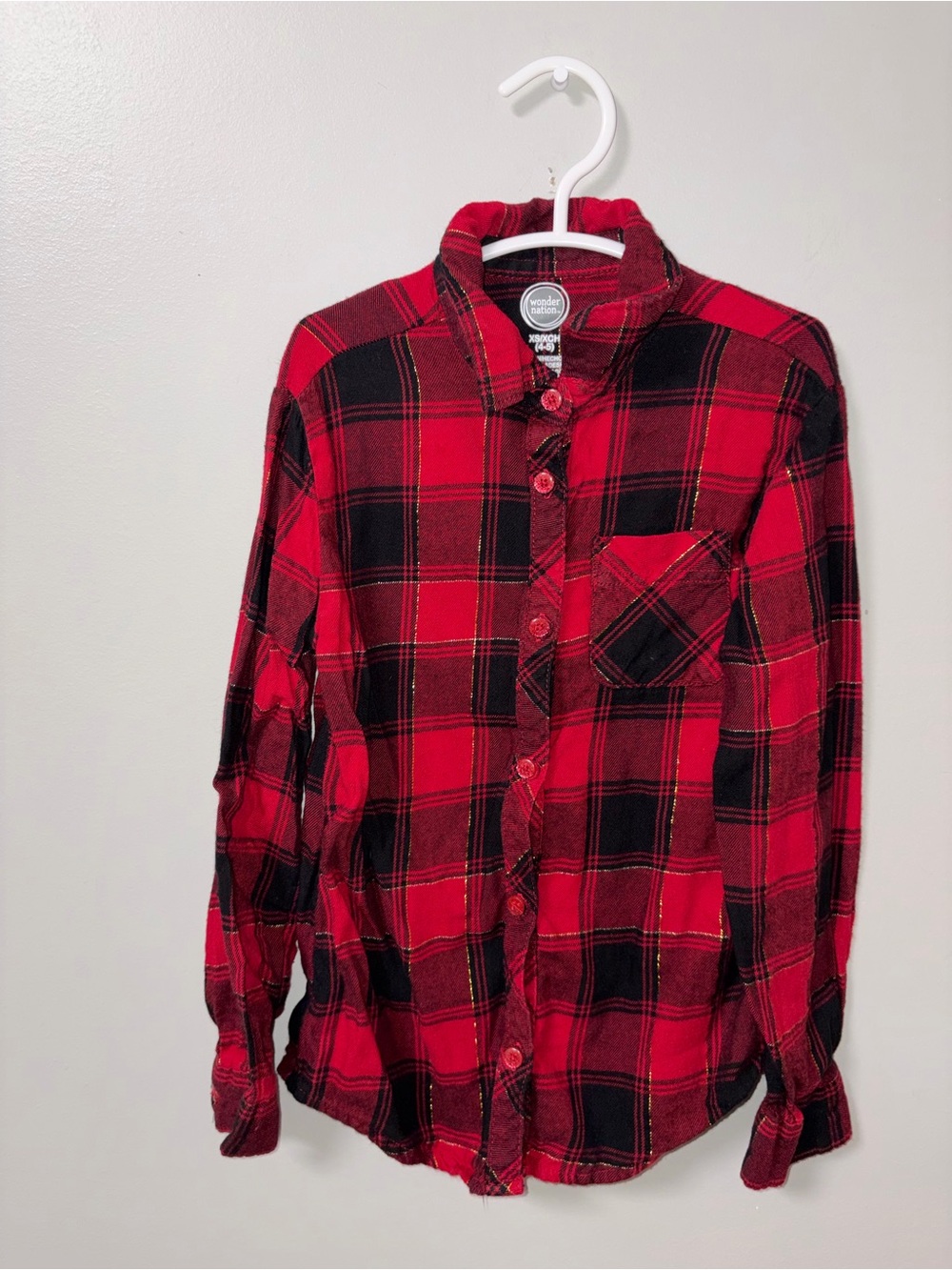 Wonder Nation Red & Black Plaid Button Up Collared Shirt Girls XS 4/5 Festive